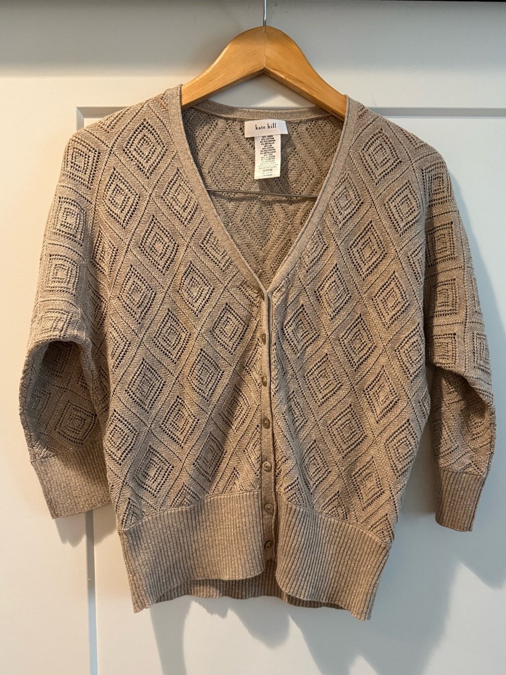 Kate Hill Tan Diamond Knit V-Neck Button Front Cardigan Medium